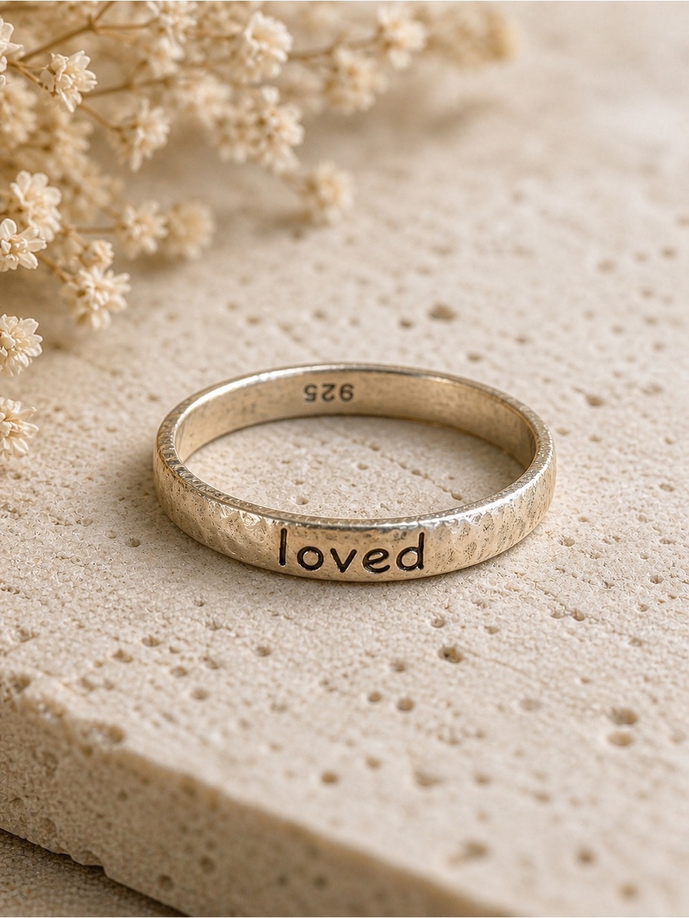 LOVED Engraved Hammered Sterling Silver 925 Statement Eternity UNISEX Ring S 9